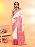 Joban Fashion White & Rani Pink Plain With Weaving Border Banarasi Silk Sarees | Grocsy