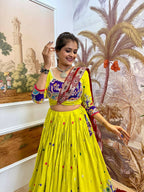 Teeya Creation Parrot Colour Rayon Silk Embroidery Work Fully Stitched Navratri Lehenga | Grocsy