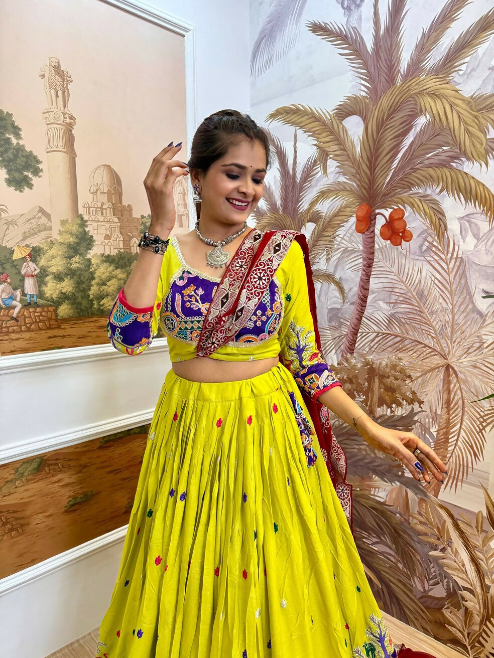 Teeya Creation Parrot Colour Rayon Silk Embroidery Work Fully Stitched Navratri Lehenga | Grocsy
