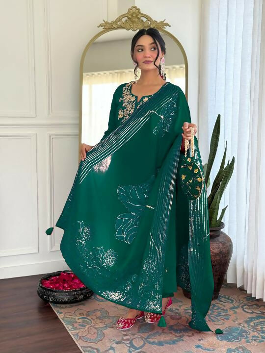 The52 Women Gorgeous Roman Silk Fabric Straight Kurta, Pant and Dupatta Set | Grocsy