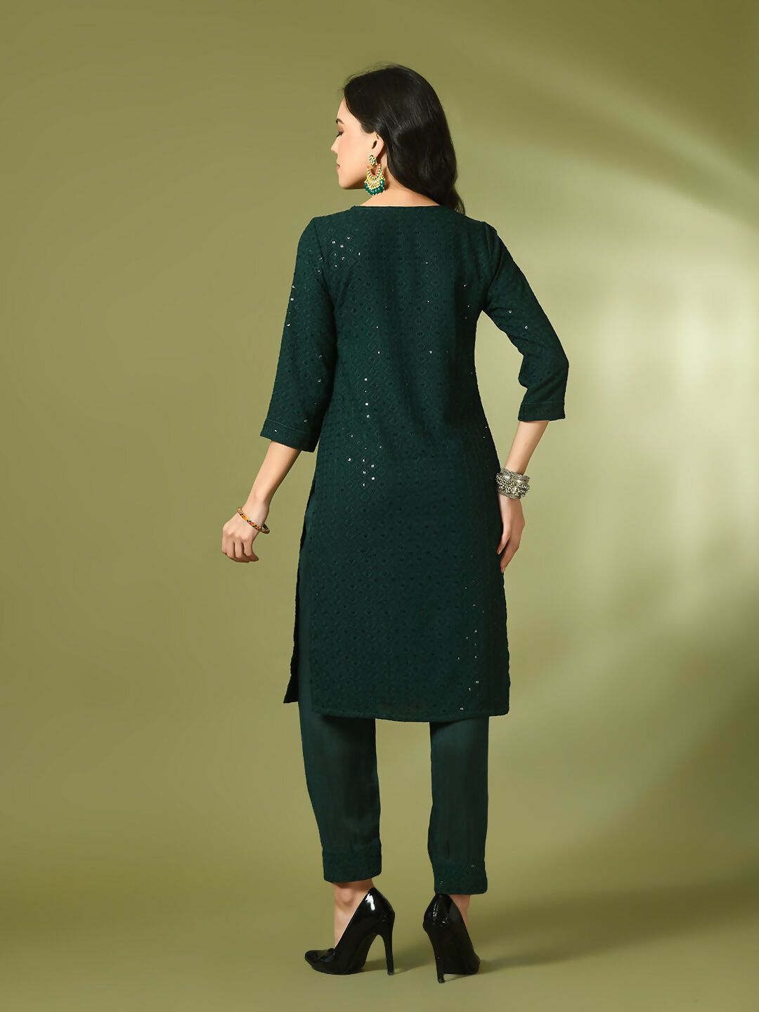 Myshka Women's Green Embroidered Cotton Straight Party Kurta Set | Grocsy