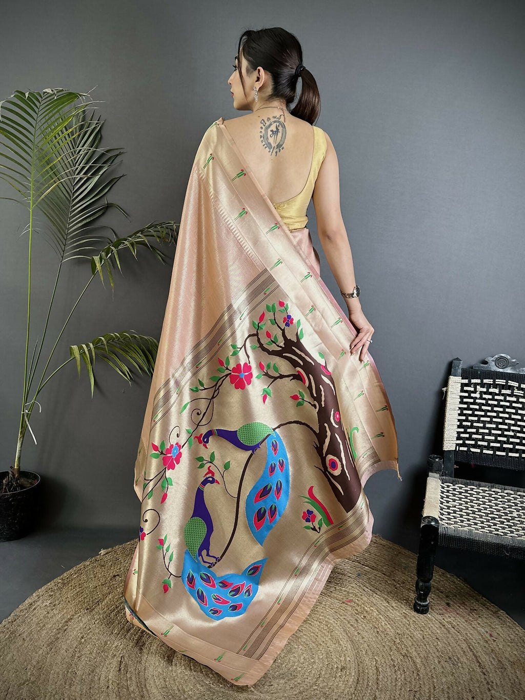Joban Fashion Peach Peacock & Floral Motifs Tissue Paithani Saree | Grocsy