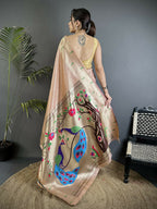 Joban Fashion Peach Peacock & Floral Motifs Tissue Paithani Saree | Grocsy