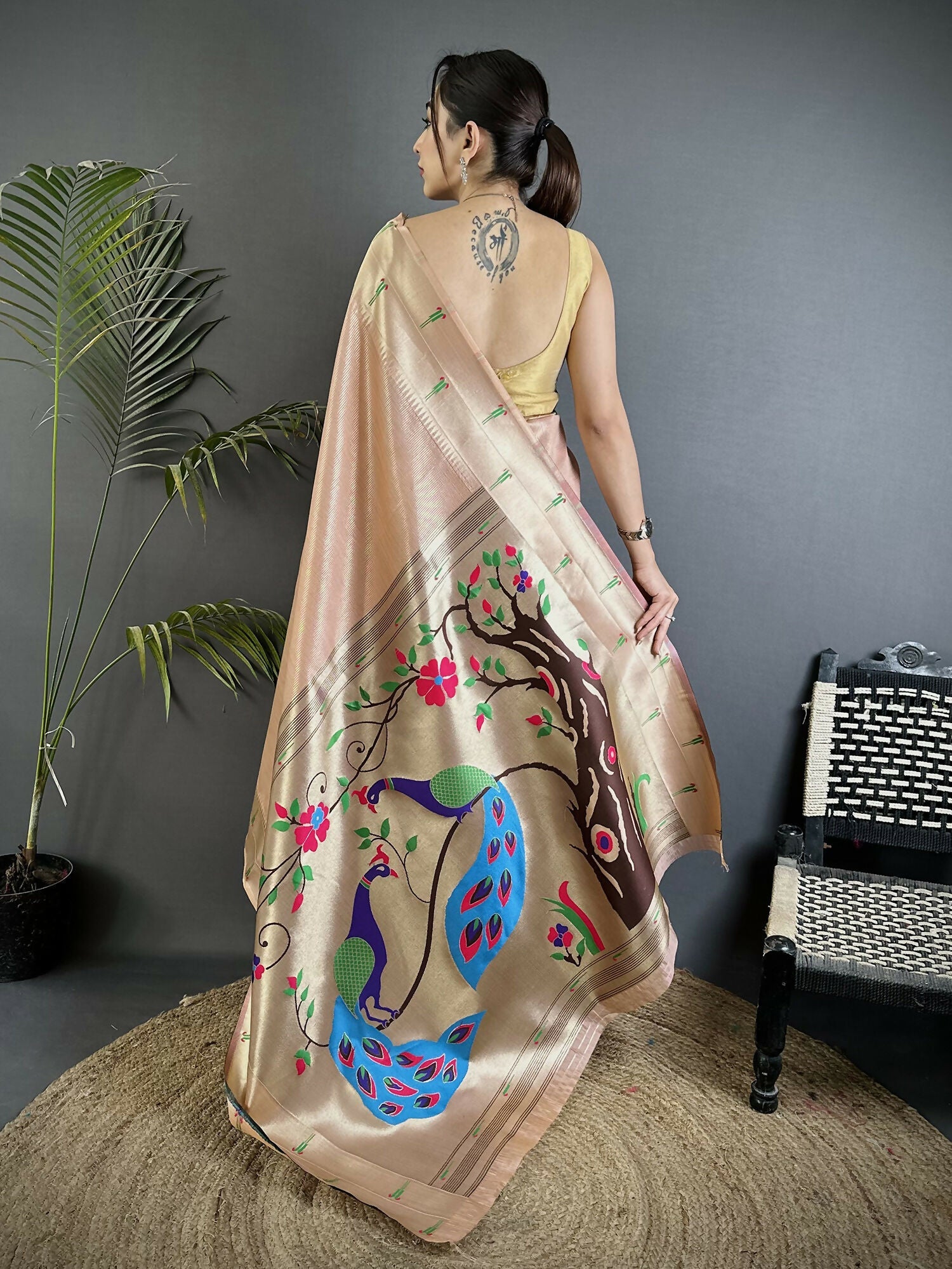 Joban Fashion Peach Peacock & Floral Motifs Tissue Paithani Saree | Grocsy