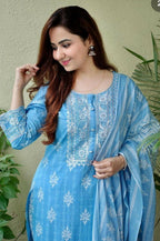 Alvano Women's Printed Straight 3Pcs Kurti with Pant and Dupatta set Cotton (Light Blue) | Grocsy