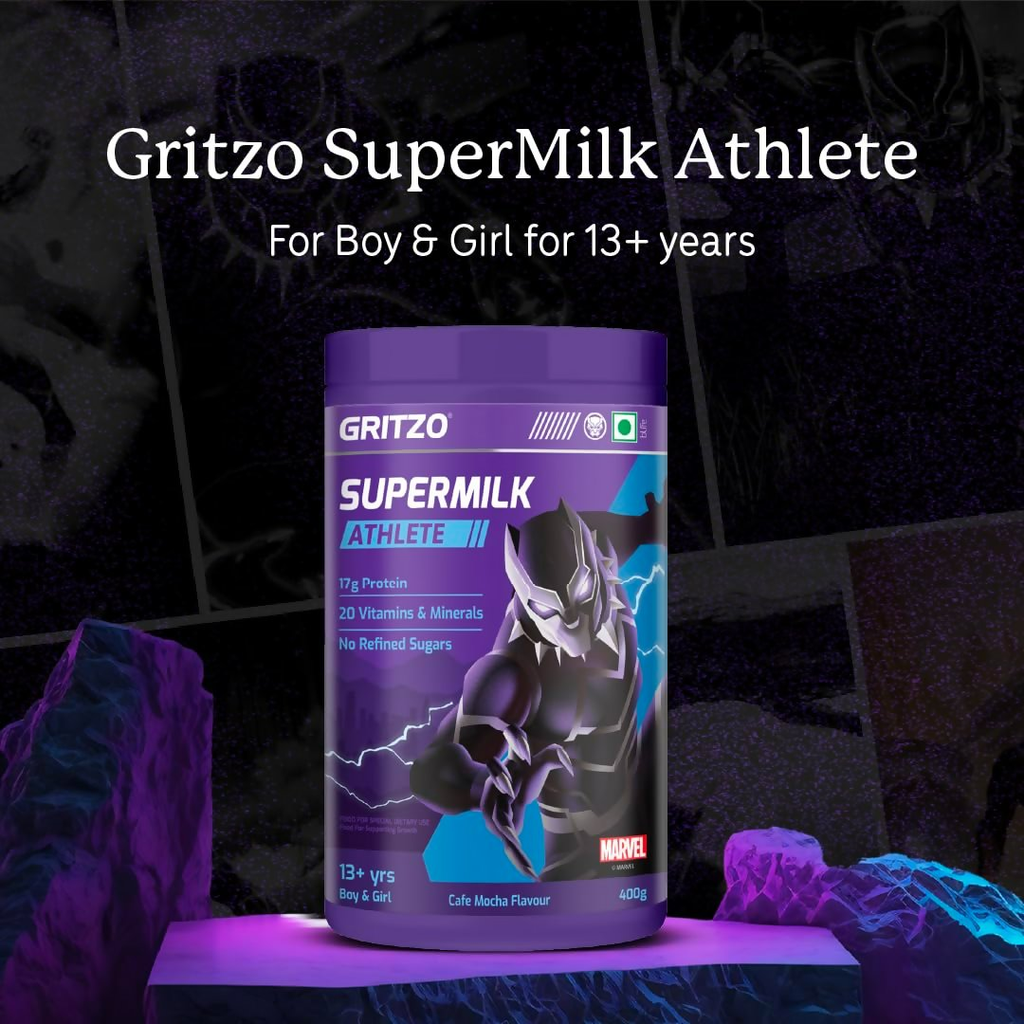 Gritzo SuperMilk Athlete Black Panther (13+y Boy & Girl), 17g Protein Powder (Cafe Mocha) | Grocsy