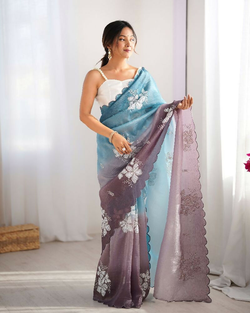 Sky Blue and Grey Crunchy Crush Pedding Color Embroidery Work Party Wear Saree - Zuleika | Grocsy