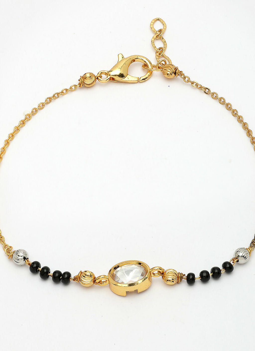 NVR Women Gold-Polished & Black Brass Stone-Studded Hand Mangalsutra Link Bracelet | Grocsy