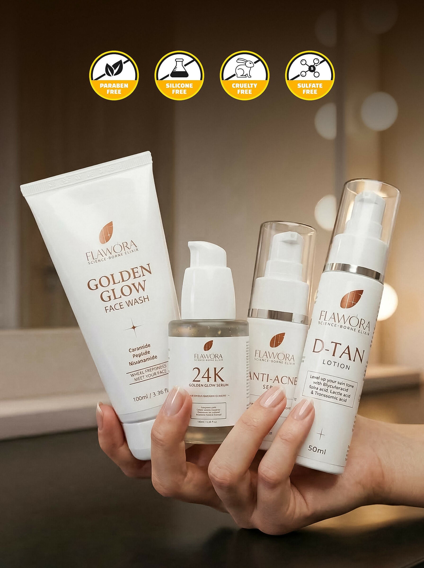 Flawora Set of Golden Glow Face Wash, Anti Acne Serum, 24k Golden Glow Face Serum and D-Tan Lotion | Grocsy