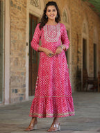 Juniper Women's Fuschia Printed Embroidered Mirror Work Sequin Cotton Flared Dress | Grocsy