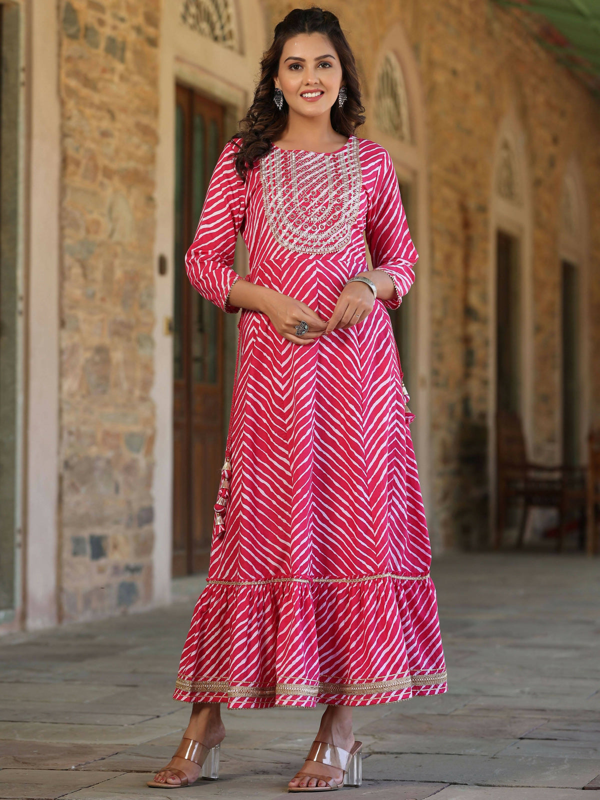 Juniper Women's Fuschia Printed Embroidered Mirror Work Sequin Cotton Flared Dress | Grocsy