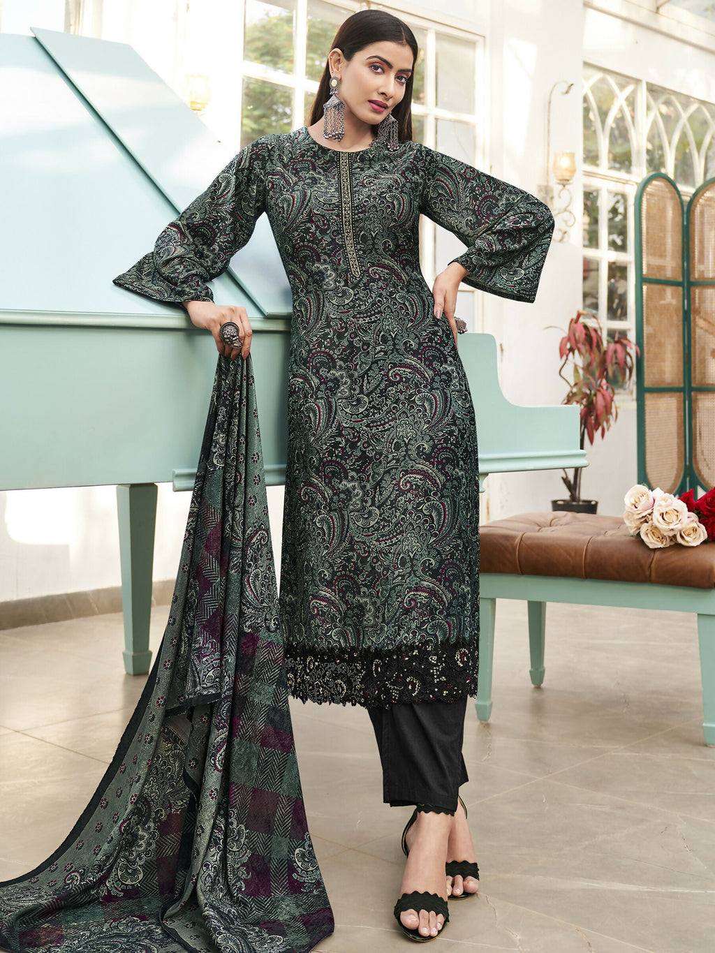 Jyoti Fashion Women's Green Velvet Digital Print with Resham Thread work Kurta with Trouser & Dupatta | Grocsy