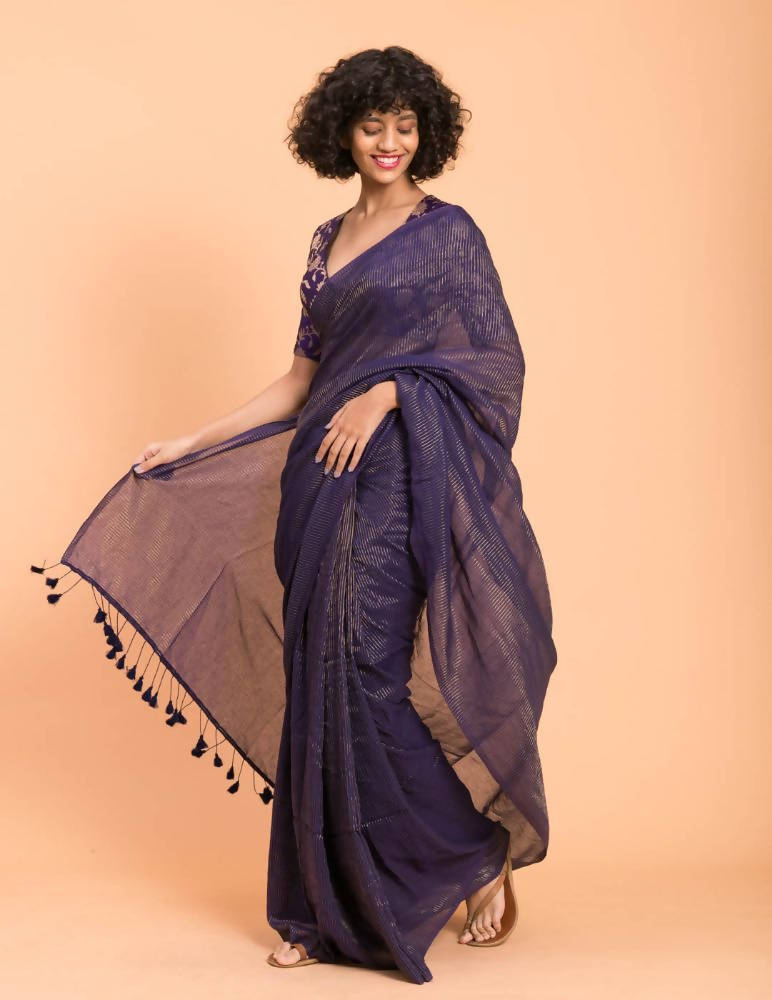 Suta Purple Woven Zari Striped Pure Handloom Cotton Saree | Grocsy