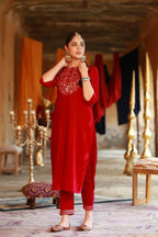 Juniper Women Fuchsia Velvet Embroidered Straight Kurta Sets | Grocsy