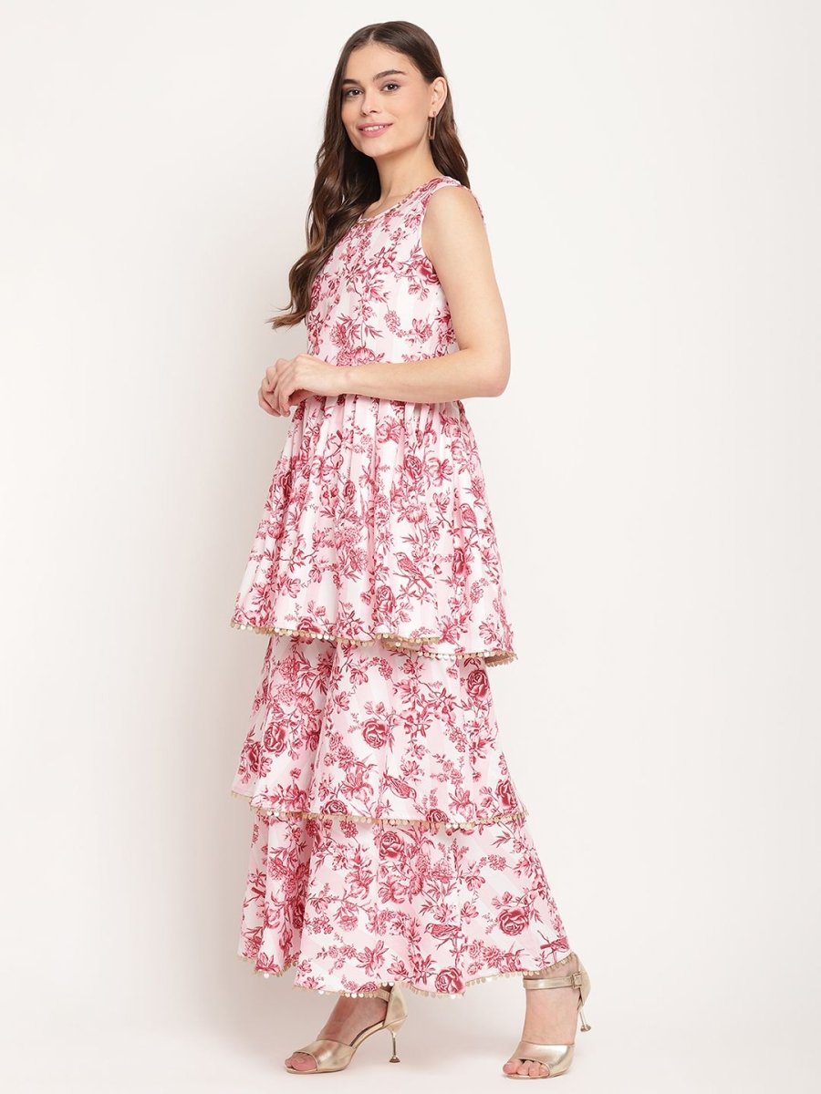 Ahalyaa Women's Pink Rayon Digital Floral Print Kurta Sharara Set with Dupatta | Grocsy