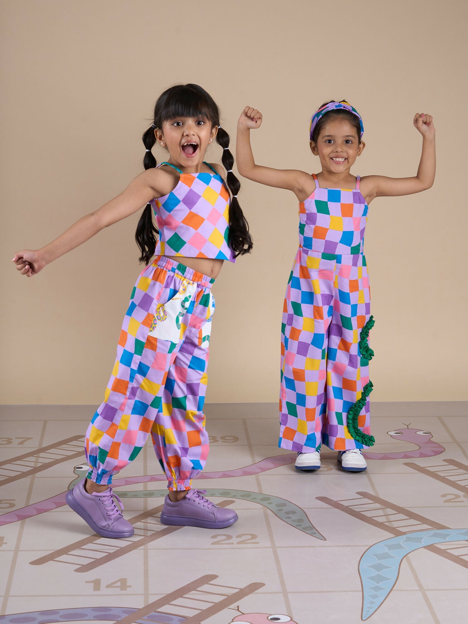 Snakes and Ladders Girls Multi Color Rotary Print Top and Pant Set from Siblings Collection | Grocsy