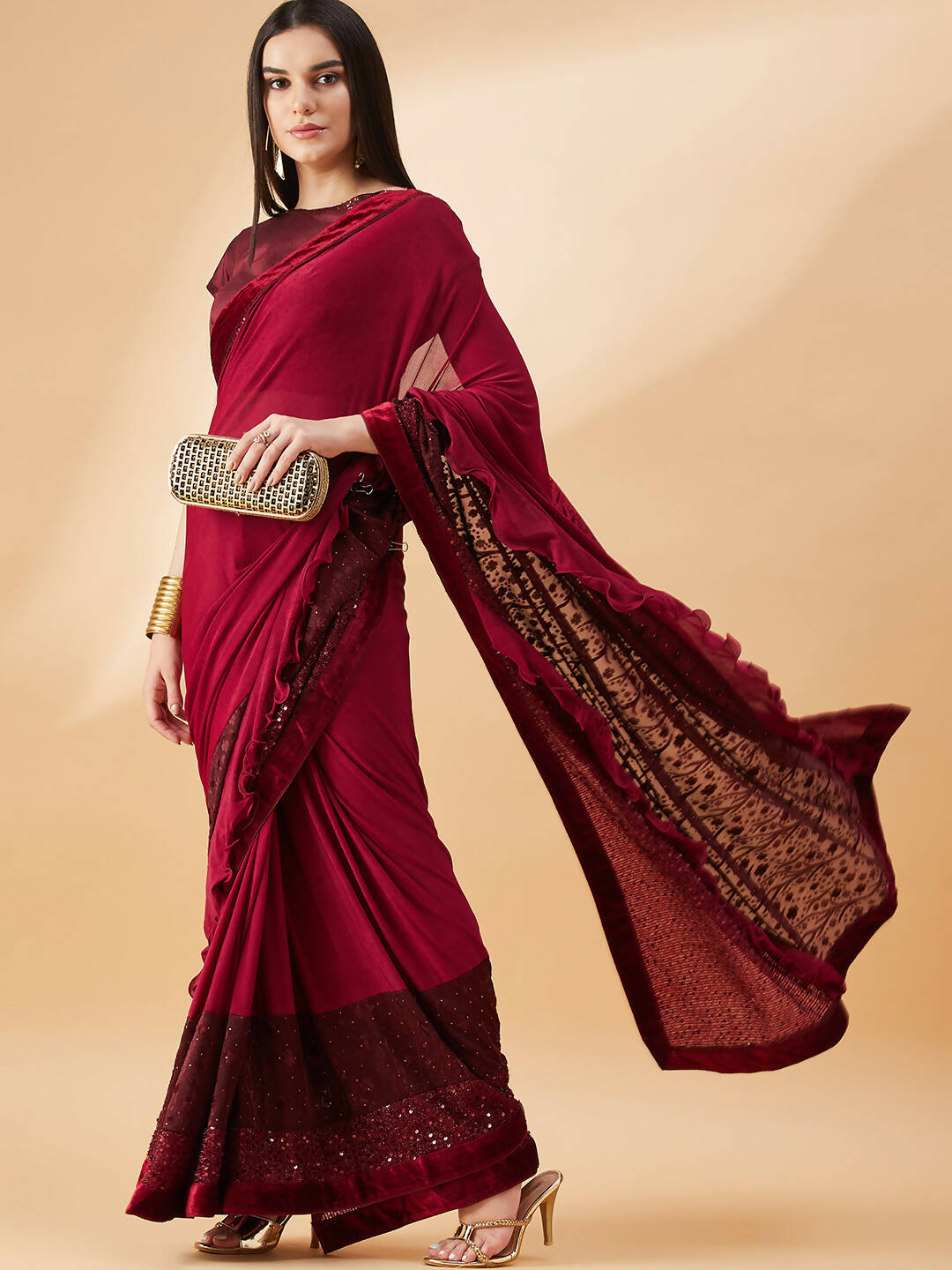 Maroon Lycra Embossed Fancy Velvet, Sequins Embroidery, Frill Details Saree - Norita Hit Design | Grocsy