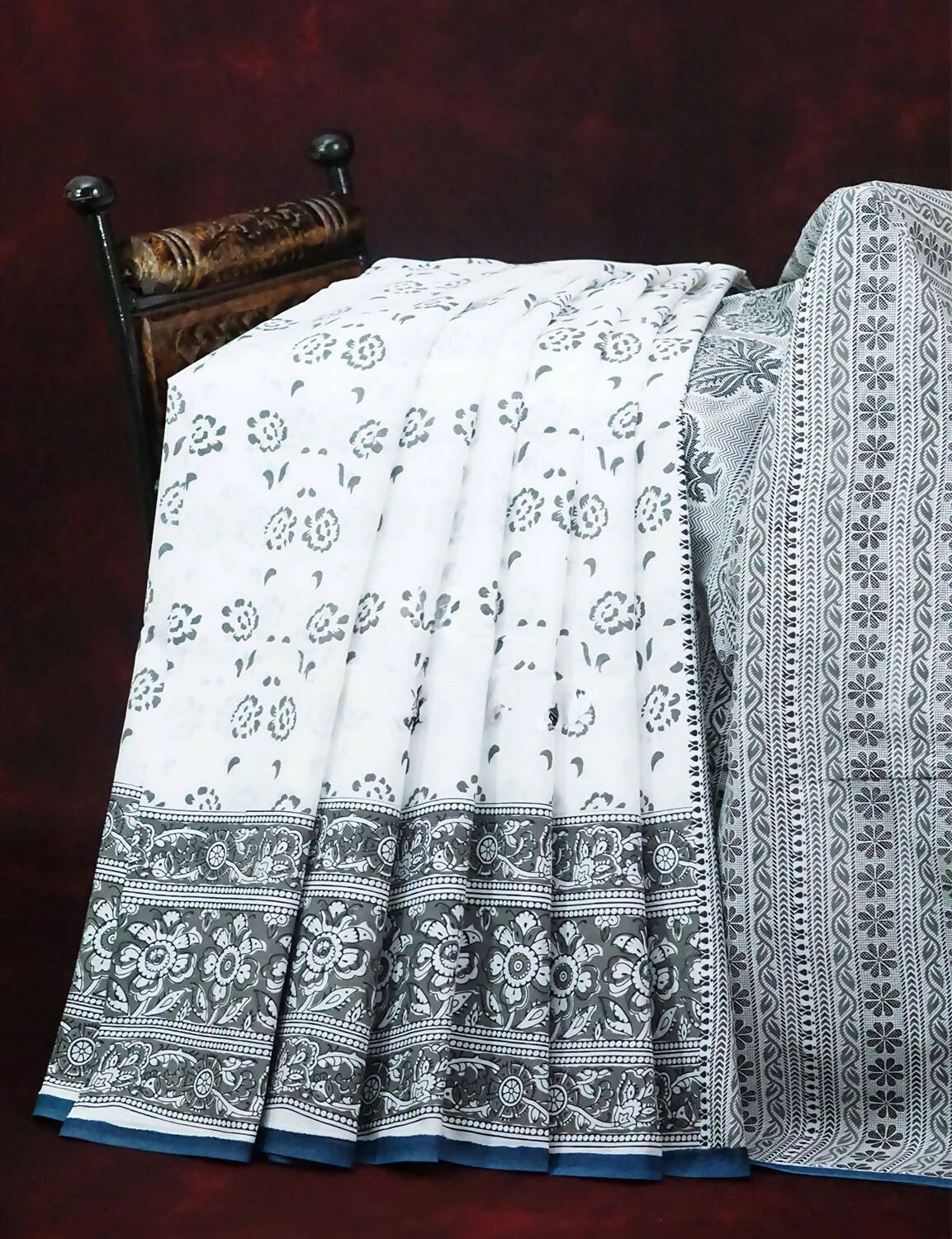 Mix of White and Grey Block Print Mulmul Cotton Saree By Gayathri Reddy Designer Studio | Grocsy