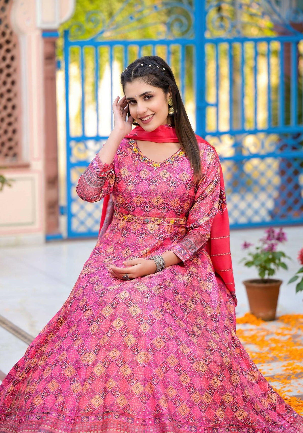 Functional Designer Dark Pink Dola Silk Anarkali suit with Dupatta - Ramya | Grocsy