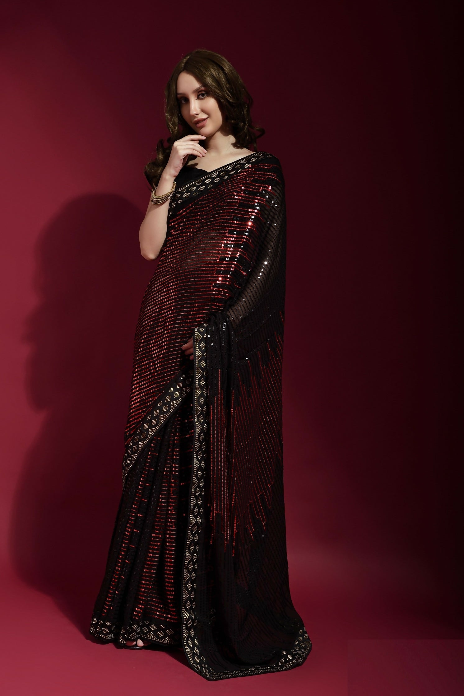 Vegaa Fashion Black Georgette Embroidered Party Wear Saree | Grocsy