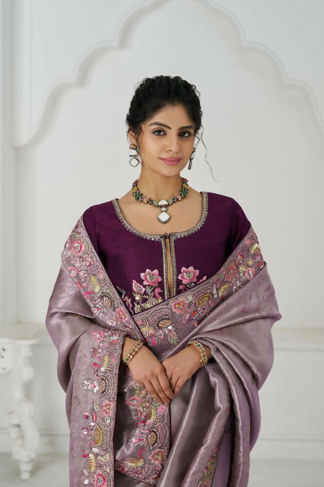 Kesar Fab Stunning Mauve Color With Multi-Thread And Sequins Embroidery Saree | Grocsy