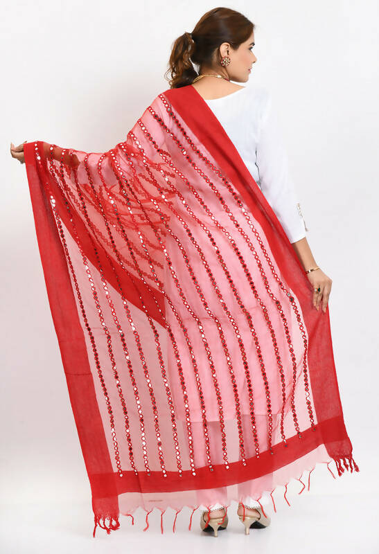 Mominos Fashion Moeza Women's Orgenza Mirror Stripe Thread Work Red Dupatta | Grocsy