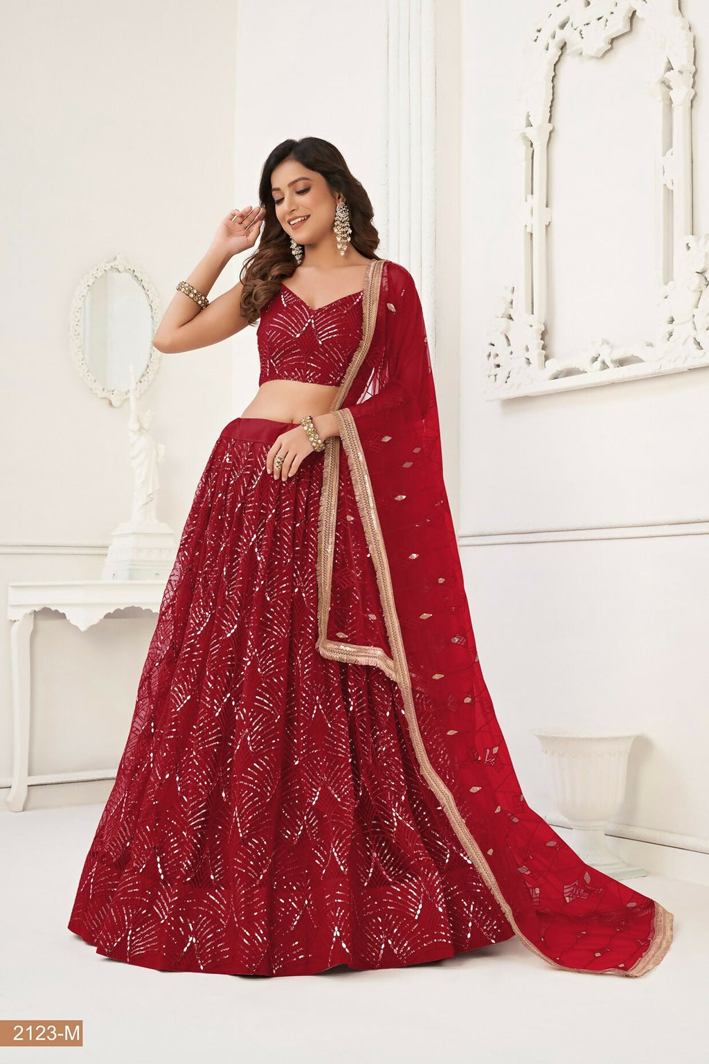 Eilara Maroon Thread Sequin Embroidered Net Lehenga Set | Grocsy