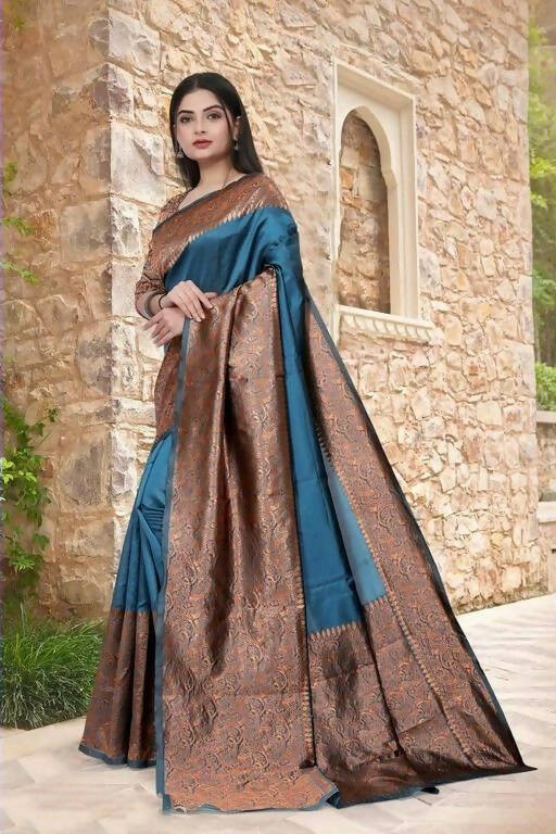 DEIANA'S Beautiful Designer Golden zari Soft Lichi Silk Saree - Teal | Grocsy