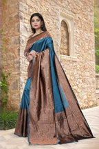 DEIANA'S Beautiful Designer Golden zari Soft Lichi Silk Saree - Teal | Grocsy