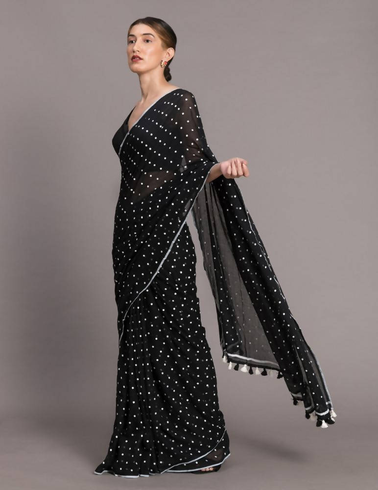 Suta Black White Polka Dots Printed Pure Cotton Saree | Grocsy