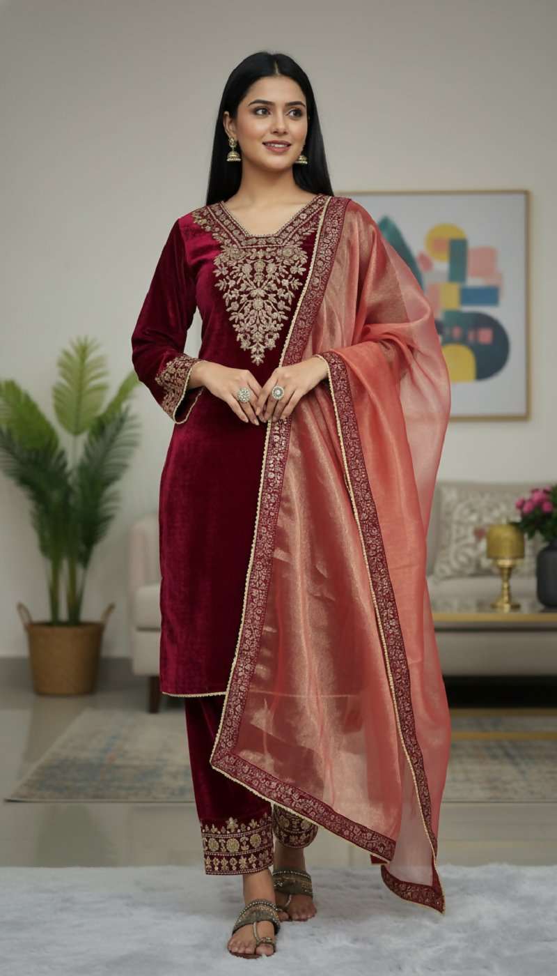 Joban Fashion Maroon Velvet Embroidery Sequence Work Readymade Kurta Set | Grocsy