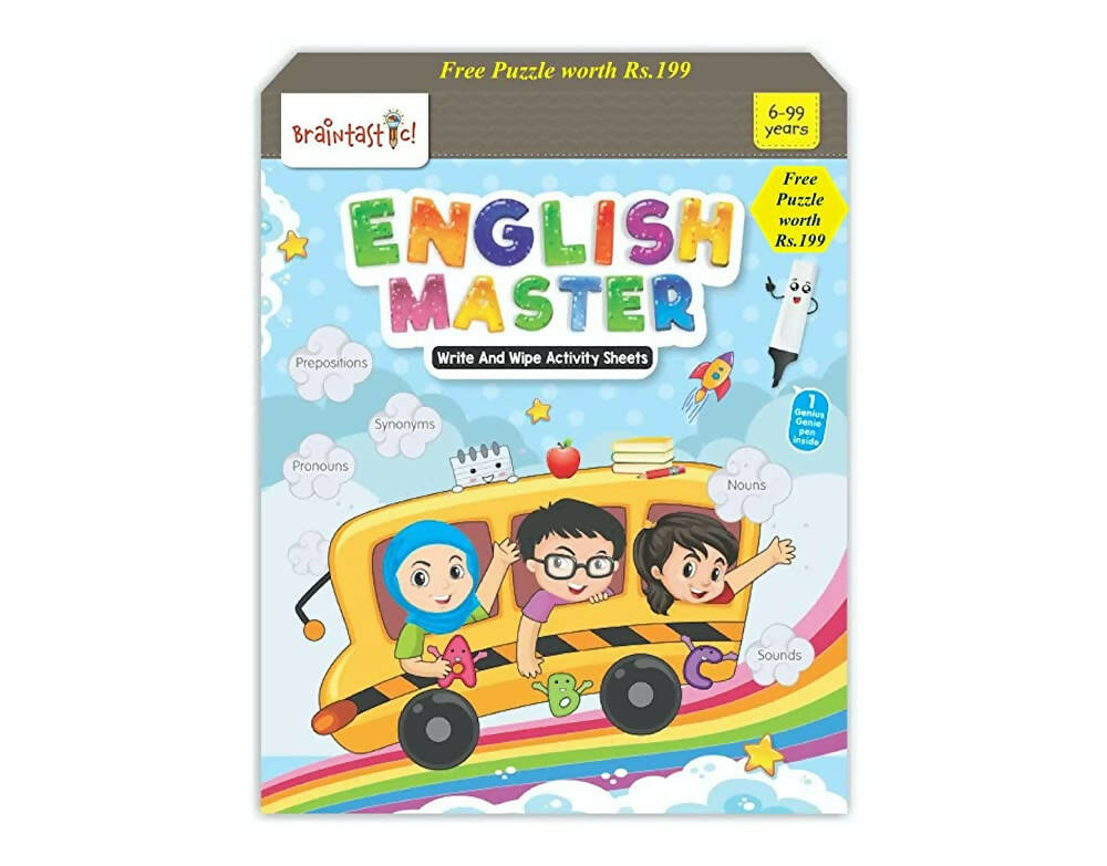 Braintastic Educational Game: English Master (6-99 Years) / Write & Wipe Reusable Activity Sheets/Kids Toy/ Free Puzzle | Grocsy