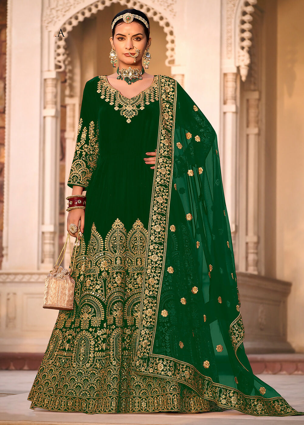 Green Velvet Front & Back Embroidery Wedding Anarkali Suit - Emponline | Grocsy