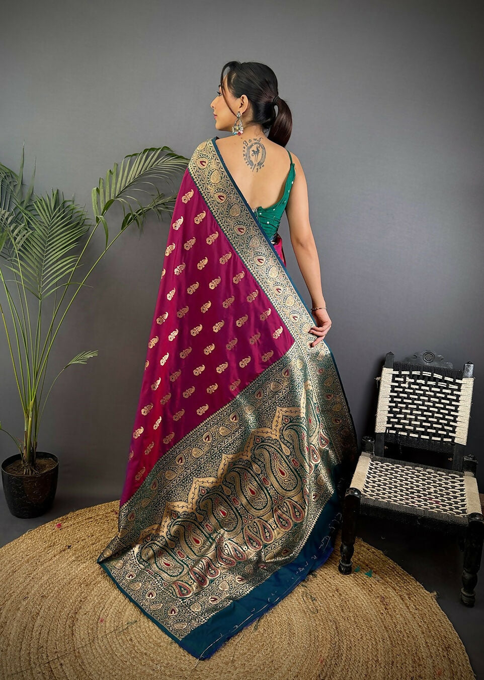 Joban Fashion Banarasi Wine Woven Butti Soft Silk Saree | Grocsy