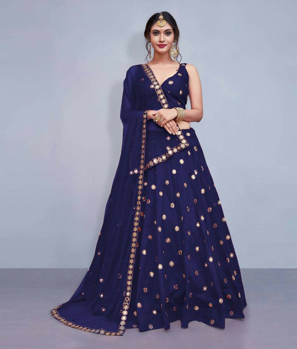 Jyoti Fashion Beautiful Navy Blue Embroidered with Mirror work Art Silk Party Wear Lehenga Choli with Dupatta | Grocsy
