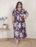 Miravan Womens Plus Size Purple Pleated Puff Sleeve Floral Pure Cotton Butterfly Middi Dress | Grocsy
