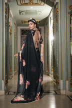 Vastranavya Black Spectacular Georgette Printed with Pearl Lace Saree with Unstitched Blouse | Grocsy