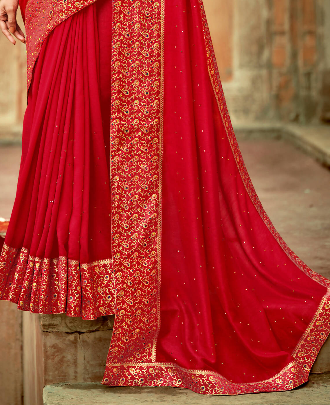Red Vichitra Stone Work Saree With Unstitched Blouse Piece - Rosy | Grocsy