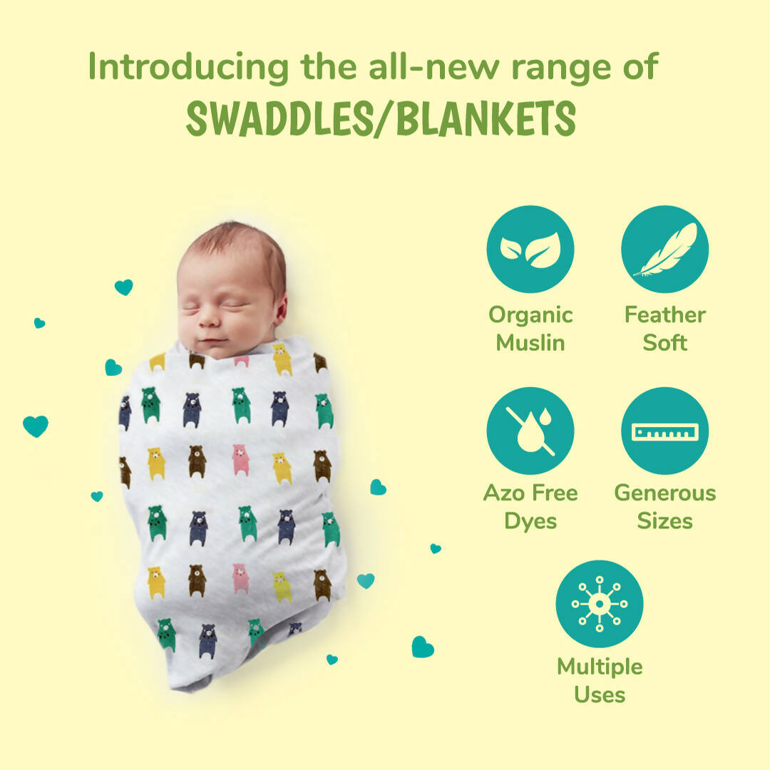 Kindermum Organic Cotton Muslin Swaddle Blanket 110 Cm X 110 Cm - Set Of 3 | Grocsy