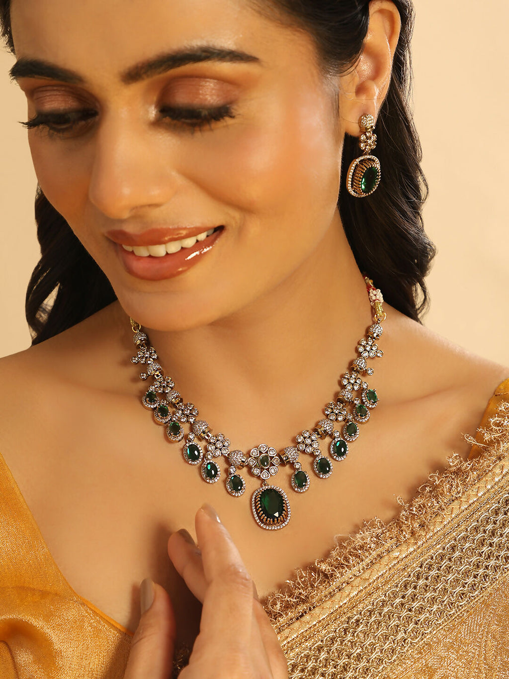 Nuyug 18K Gold Plated Emerald Blossom Necklace Set | Grocsy