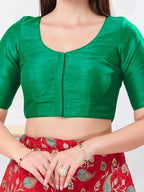Joban Fashion Rama-Green Dupion Silk Elbow Sleeveless Front Open Blouse | Grocsy