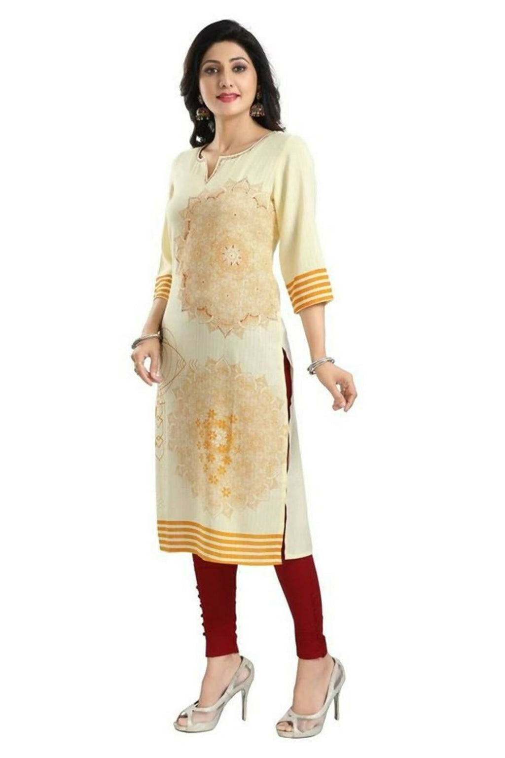 Snehal Creations Yellow Rayon Textured Print Long Kurta For Women | Grocsy