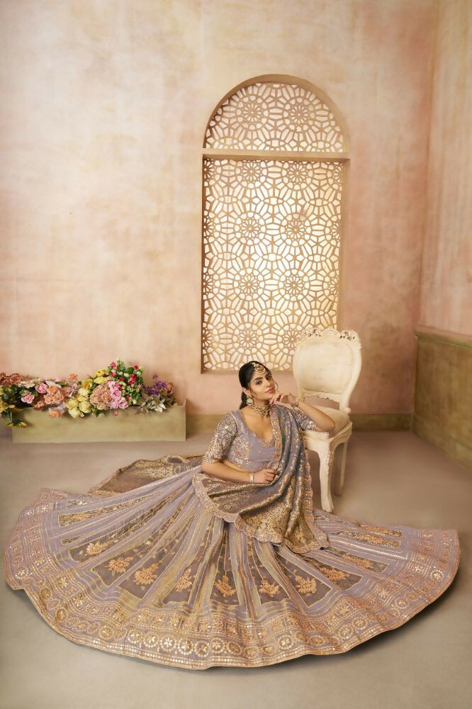 Kesar Fab Dark-Onion-Pink Net Hand_Woven Lehenga | Grocsy