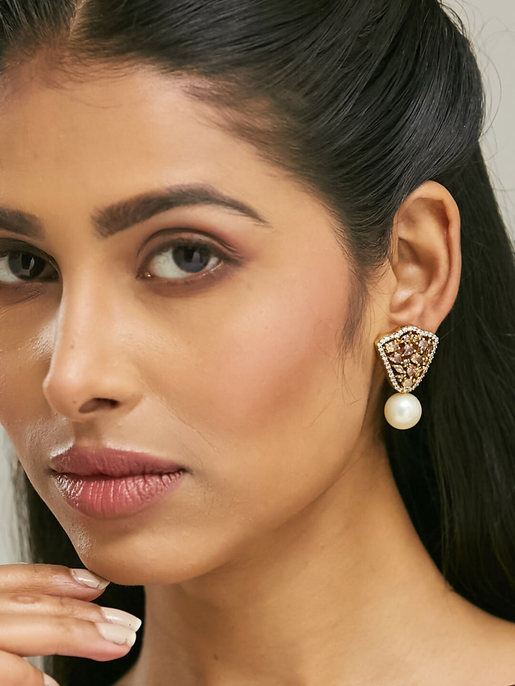 Nuyug 22K Gold-Plated Elegant Zircon Stone Studded & Pearls Drop Stud Earrings | Grocsy