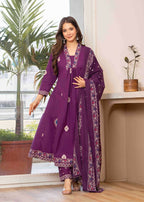 Jaimini Women Cotton Printed V-Neck 3/4 Sleeves Calf Length Flared Kurta Pant And Dupatta Set | Grocsy