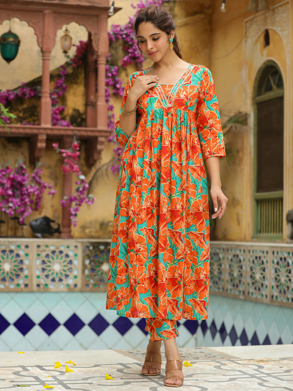 Janasya Orange Cotton Floral Kurta & Bottom | Grocsy