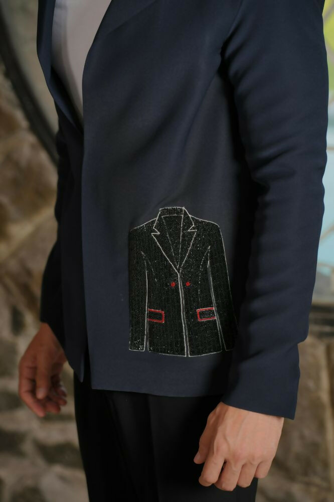 Noir Canvas Blazer – Black 4-Way Stretch Graphic Detail Suit For Men | Wedding & Party Wear by Hilo Design | Grocsy