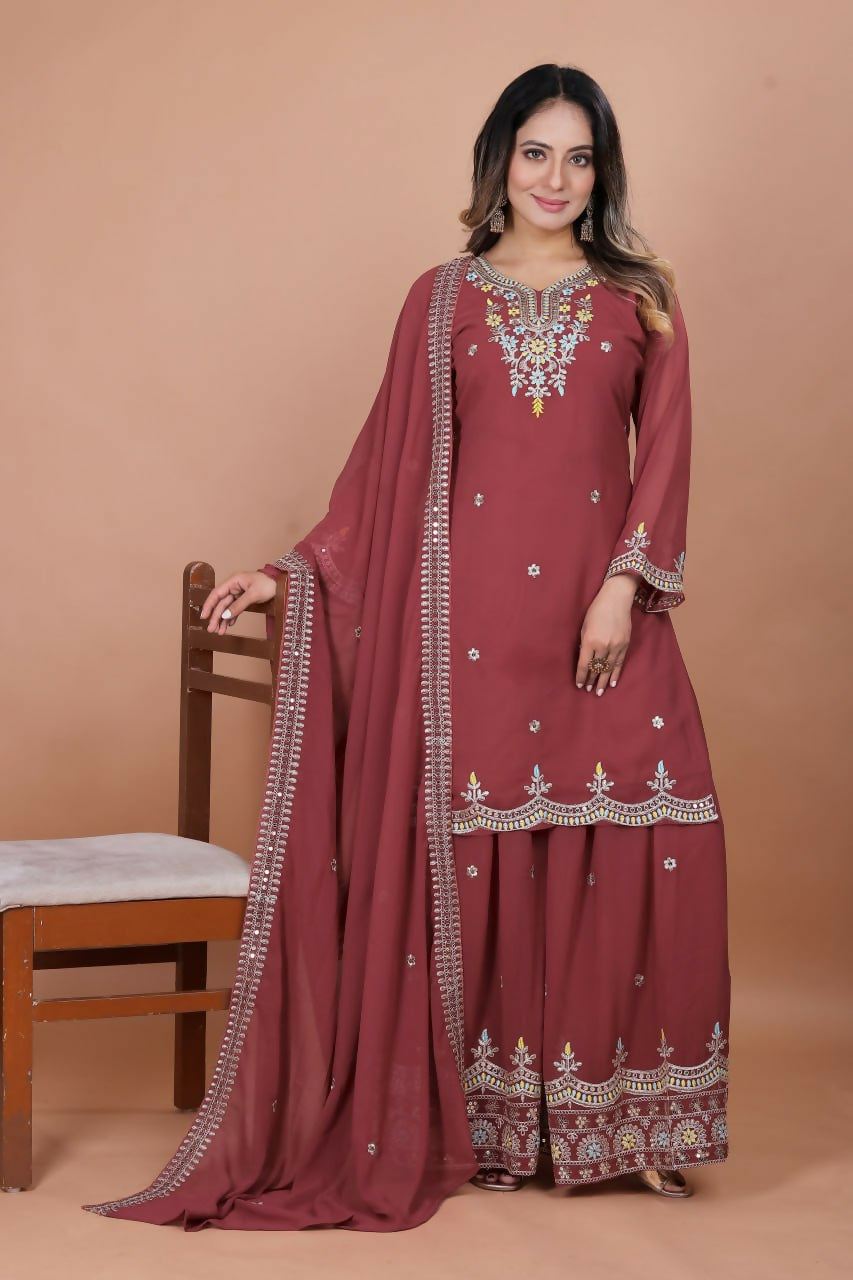 Joban Fashion Maroon Georgette Embroidered Sharara Set | Grocsy
