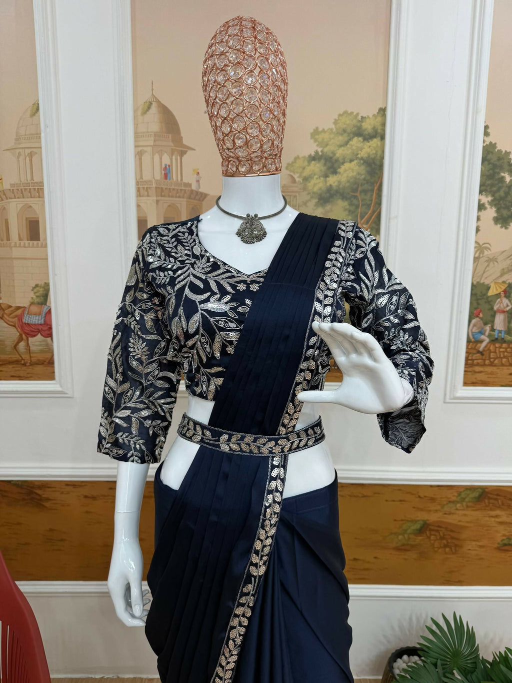 Teeya Creation Dark Blue Color Rangoli Silk Trending Ready To Wear Saree With Belt | Grocsy