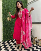 The52 Rani Women's Beautiful Viscose Chanderi Fabric Embroidered Work Straight Kurta Pant and Dupatta Set | Grocsy